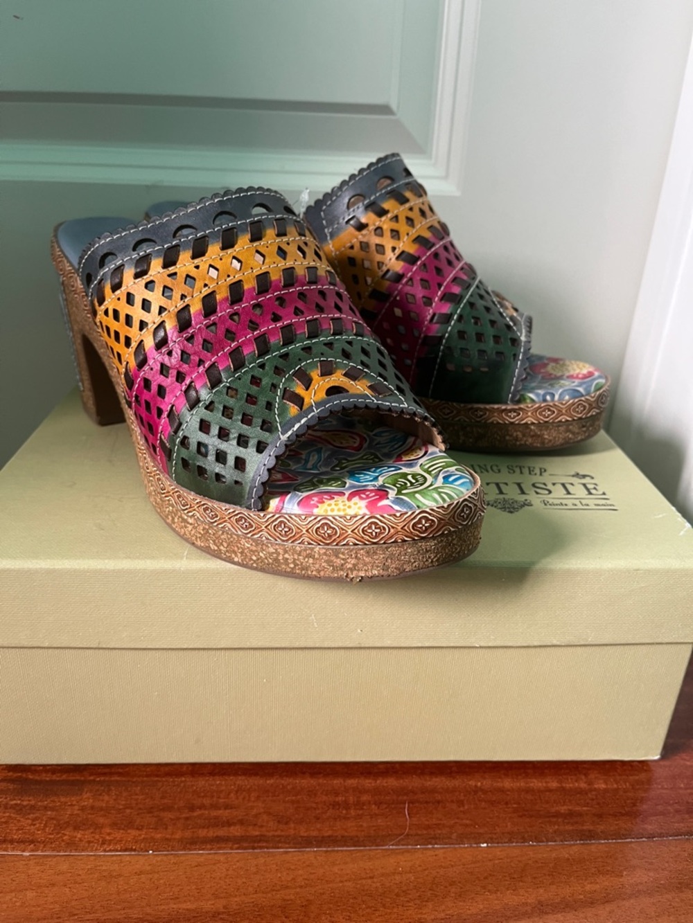 L’Artiste Spring Step Leather Clog Heels Multicolor Cork Platform Mule Size 41